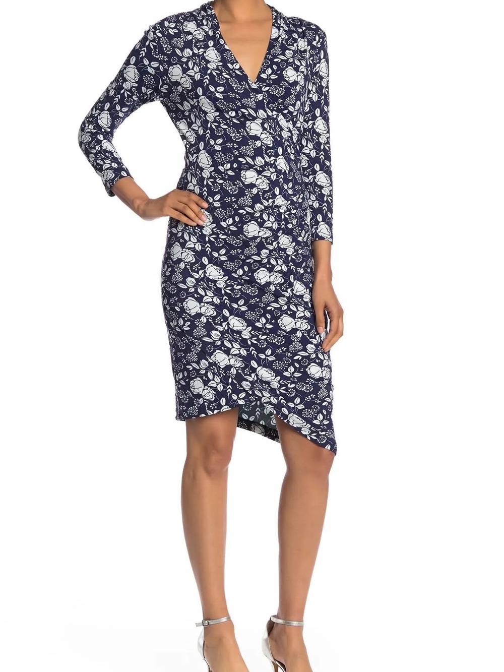 Nicole Miller Stephanie Dress - Navy Floral Long-Sleeve Wrap Dress